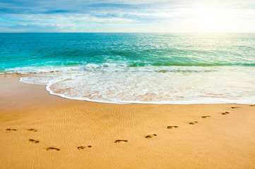 Fototapeta na wymiar Footprints on the yellow sand on the beach. Shore of Atlantic ocean in Algarve, Portugal