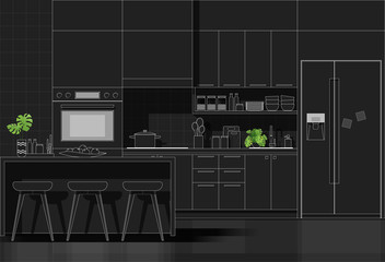 Interior design with modern kitchen in white line sketch on black background , vector , illustration