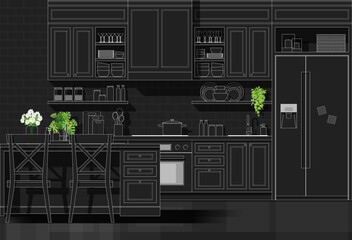 Interior design with modern kitchen in white line sketch on black background , vector , illustration