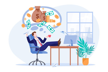 Investor thinks about money profit or investment income. Office worker dreams of passive income. Vector illustration