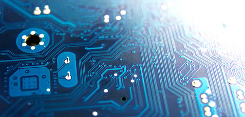 Modern printed circuit board, electronic circuit board, textolite. Background banner.