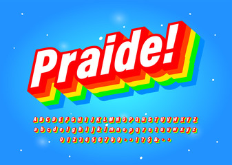 Pride Font Six Colour Rainbow Typeface Intended To Celebrate Diversity. Retro 3D Alpahabet. Vector