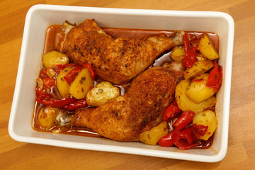 Roasted chicken drumstick with paprika and potatos 