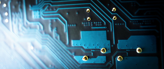 Modern printed circuit board, electronic circuit board, textolite. Background banner.