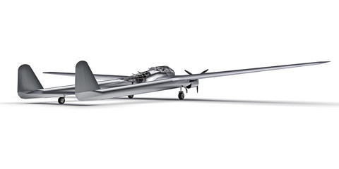 Three-dimensional model of the bomber aircraft of the second world war. Shiny aluminum body with two tails and wide wings. Turboprop engine. Shiny gray airplane on a white background. 3d illustration.