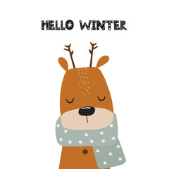 Cute reindeer with winter quote. Kids hand drawn graphic. Vector illustration.