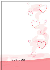 Watercolor hand painted romantic frame with pink flower petals heart shaped and pink smears on the white background with black i love you text for valentines day cards with the space for text