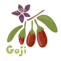Goji berries vector illustration. Healthy detox natural product. Flat design organic food. Superfood wolfberry icon with a flower on the bench
