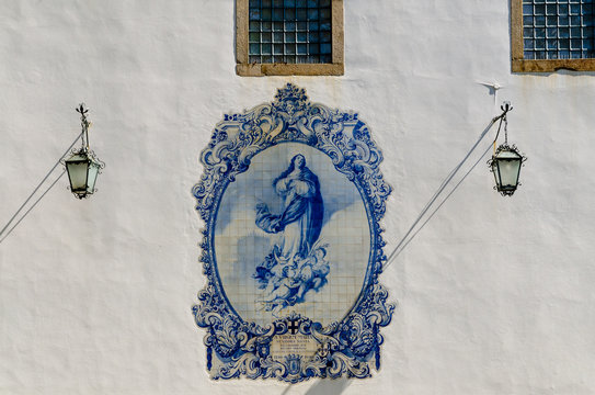 Beautiful azuleros on the facade of a church in town of  Guimar&atilde;es