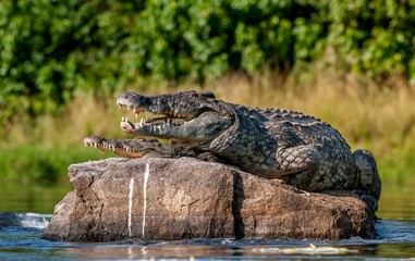 Mating Nile crocodile (Crocodylus niloticus). Two crocodiles with opened mouth
