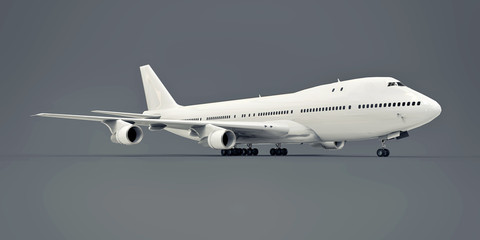 Large passenger aircraft of large capacity for long transatlantic flights. White airplane on gray isolated background. 3d illustration.