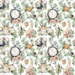 Watercolor vintage clock and bells seamless pattern. Christmas illustration with envelope, candle, rose isolated on white background. Five minutes to twelve o'clock. For design, print, or background.