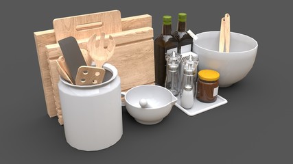 Kitchenware, oil and canned vegetables in a jar on a grey background. 3d rendering.