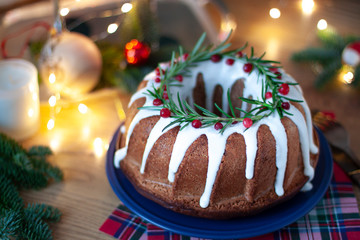 Christmas traditional pie close up. Festive food with winter holidays decoration on the table 