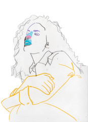 young woman cut off paper drawing sketching beautiful curls colorful colors drawing