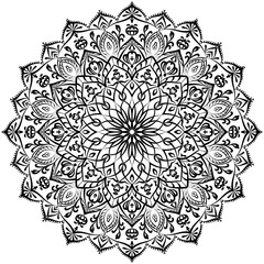 Mandala in black on a white background. Oriental pattern. Ethnic motive. Coloring book. Template for a tattoo, henna ornanent. Psychedelic vector.