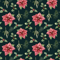 Watercolor seamless pattern with Christmas plant. Hand painted holiday poinsettia, holly, mistletoe, berries isolated on black background. Winter botanical illustration for design, print, background.