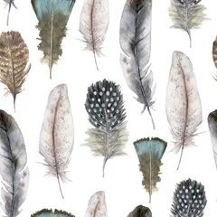 Wall murals Watercolor feathers Watercolor bird feather seamless pattern for easter. Hand painted blue, striped and polka dot feathers isolated on white background. Wildlife illustration for design, print, fabric or background.