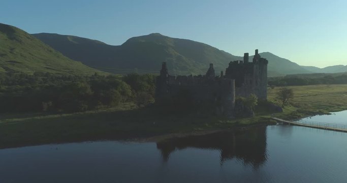 Aerial flyover of Kilchurn Castle on Loch Awe in the Western Scottish Highlands