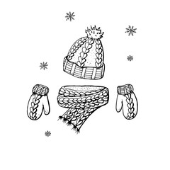 Doodle style of a hat, scarf, mittens on a white background. Winter clothes. Vector illustration for web, print, or advertising use.