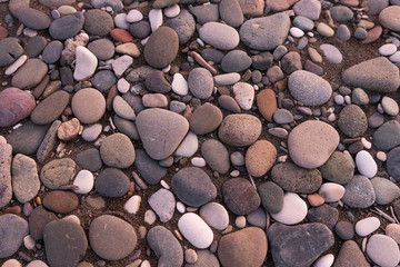 Large pebbles or stones lie on the shore at sunset. Black Sea