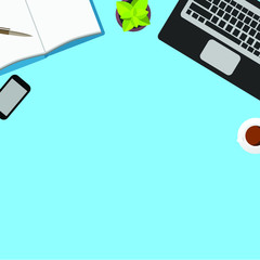 Set of flat vector design illustration of modern business office and workspace. Top view of desk background with laptop.