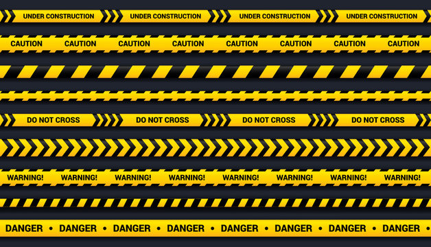 Caution tape set of yellow and black ribbons, for dangerous area, accident, police. Vector tape template with shadow on dark background.