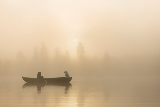 Person and dog in rowing boat on lake