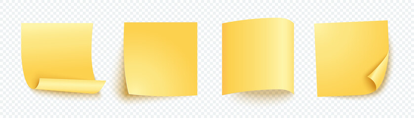 Yellow note sheet of paper set with different shadow. Blank four post for message, to do list, memory. Set of vector notes isolated on transparent background.