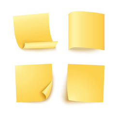 Note sheet of yellow paper set with different shadow. Blank post for message, to do list, memory. Set of four vector sticky notes isolated on white.