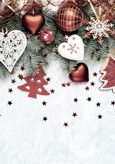 Christmas creative background border, gold color, cones, branches, place for text