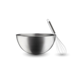 Vector 3d Realistic Steel, Chrome, Silver Metal Hemisphere Circle Bowl and Whisk Closeup Isolated on White Background. Utensils for Kitchens. Design Template, Health Food and Drink Concept