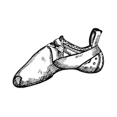 Hand drawn rock climbing shoes. Sketch illustration on white background.