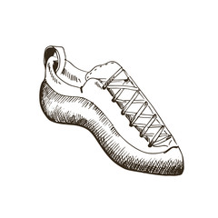 Hand drawn rock climbing shoes. Sketch illustration on white background.