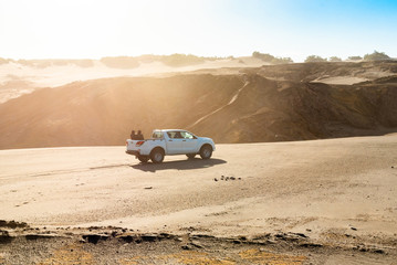 Tourists in the off road car is going to the volcano Yasur, Tanna Island, Vanuatu.