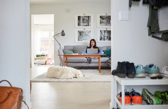 Young woman using laptop at home