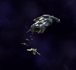Science fiction illustration of a spaceship carrier vessel deploying single seater fighter craft, 3d digitally rendered illustration © Algol