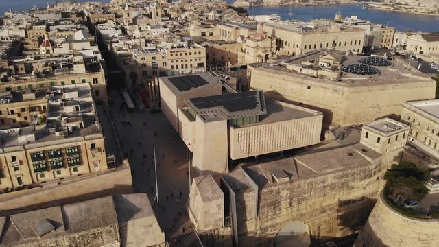 Aerial Drone Footage over Valletta, the Capital City of Malta, and the Mediterranean Grand Harbour