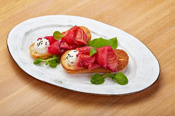 Mascarpone and Smoked Salmon Bruschetta. Toasted bread