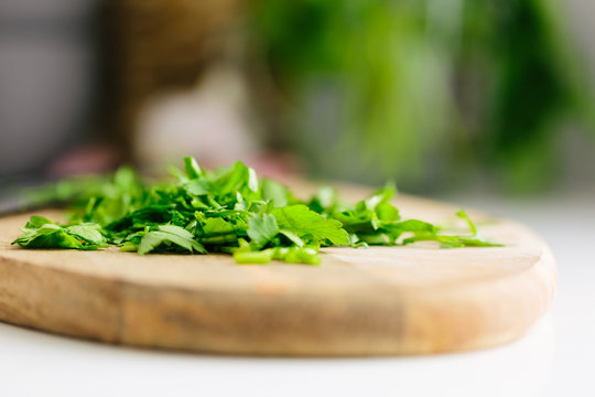 Close up of chopped flat leaf parsley