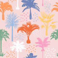 Fototapeta na wymiar Palm tree seamless pattern with abstract doodle elements. Silhouettes of drawn tropical plants. Flat Hawaiian background with banana and coconut palm trees. For t-shirt, cloth, fabric, textile,