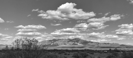 Arizona hills landscape and clouds in black and white