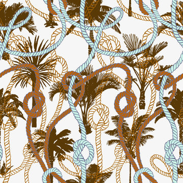 Palm tree seamless pattern with twisted ropes with knots. Flat nautical ornament. Exotic sea tropical background. © Galakam