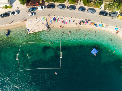 Aerial view of beach at Sumartin coastal line during the summer, Croatia.