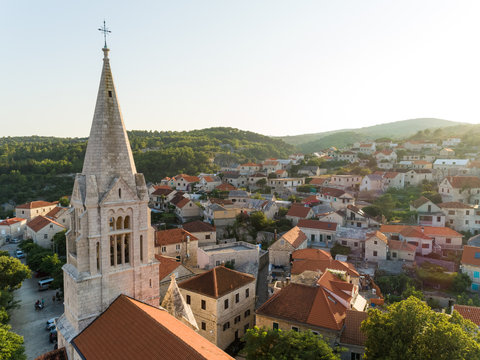 Aerial view of Selce church tower during the sunset, Croatia.