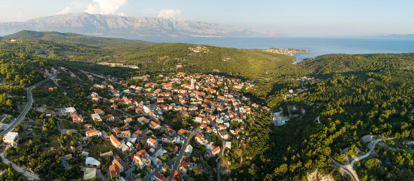 Panoramic aerial view of Selce cityscape during the summer, Croatia.