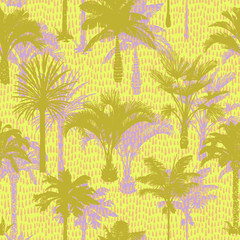 Fototapeta na wymiar Palm tree silhouettes seamless pattern. Hand-drawn tropical plants. Trendy exotic botanical background with banana palm tree, coconut palm tree. Geometric dashed lines stitch texture.