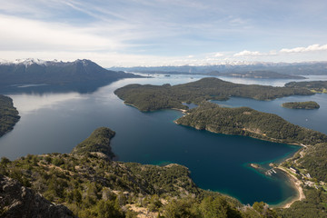Fototapeta na wymiar Aerial view of the landscape in San Carlos de Bariloche. Nature and lakes of Patagonia. Nahuel Huapi National Park, Argentina, Patagonia.