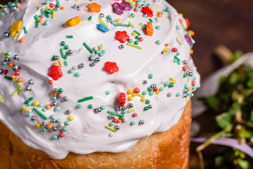 Easter cake and colorful eggs on a dark background