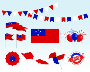 National holiday. Independence Day Samoa set of vector design elements, Made in Samoa. Map, flags, ribbons, turntables, sockets. Vector symbolism, set for your info graphics. June 1st